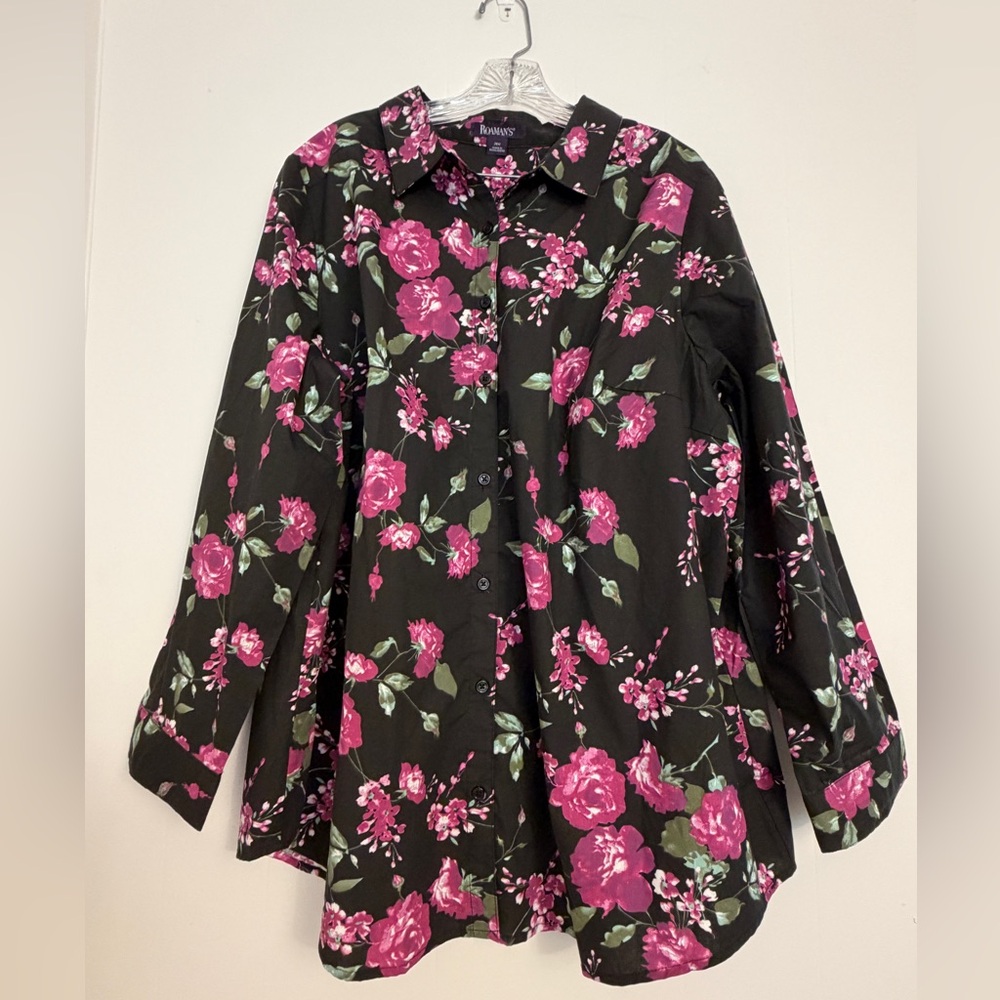 Floral Romantic Roses Button Down Blouse Roaman’s Size 24W Business Casual Top